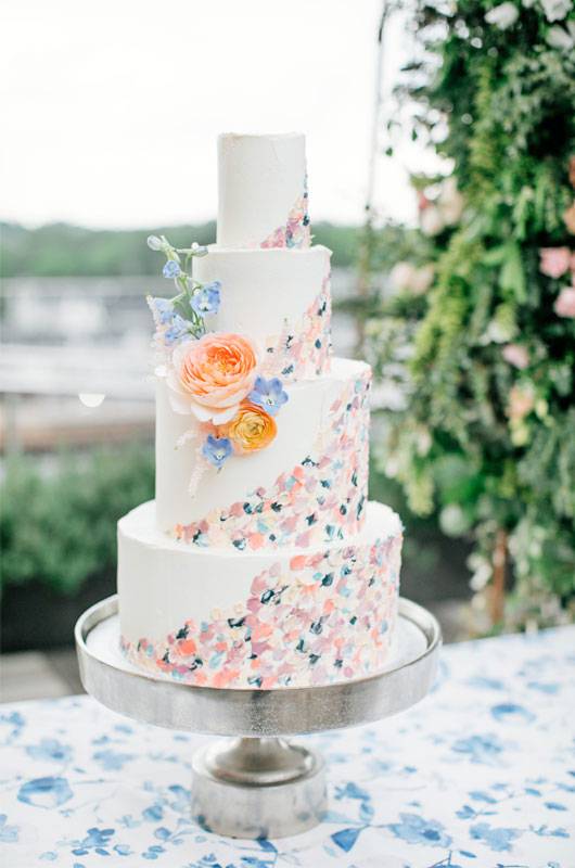 Carrie Henderson And Varun Kannan Colorful Wedding Cake With Florals And Brush Strokes