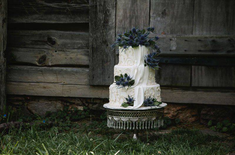 Karen Donatelli Cake Designs vintage nature deep blue flowers on tiered cake
