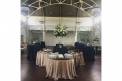 The Atrium navy and gold with draped round tables tall centerpiece