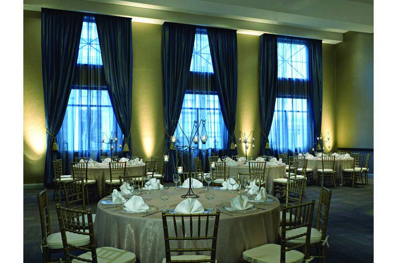 Madison Hotel iris ballroom ceiling lighting draped curtains