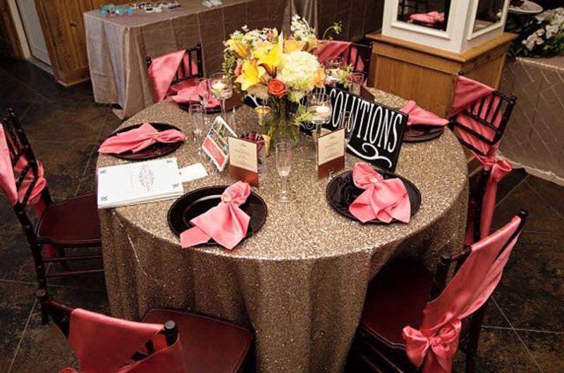 Elegant Chair Solutions table setting 1 Pink linens yellow centerpiece