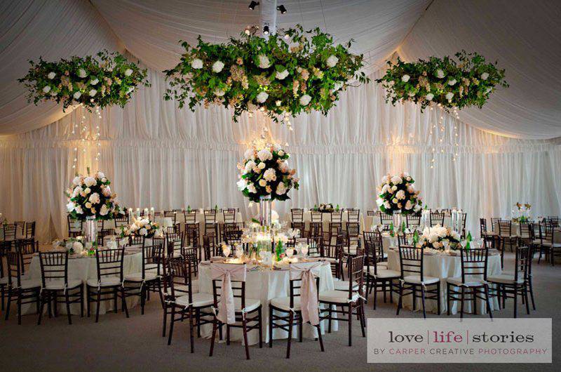 Tanarah Luxe Floral Reception venue hanging flower chandelier Centerpieces