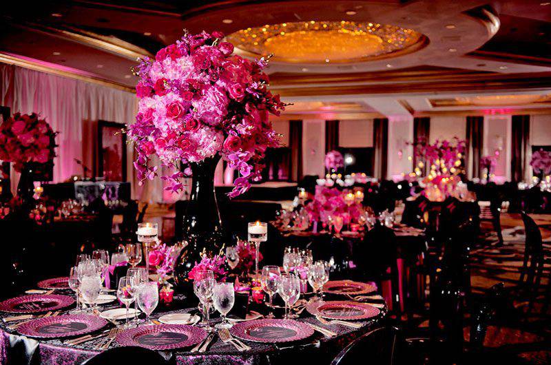 ellyB Events reception pink magenta roses tall centerpiece