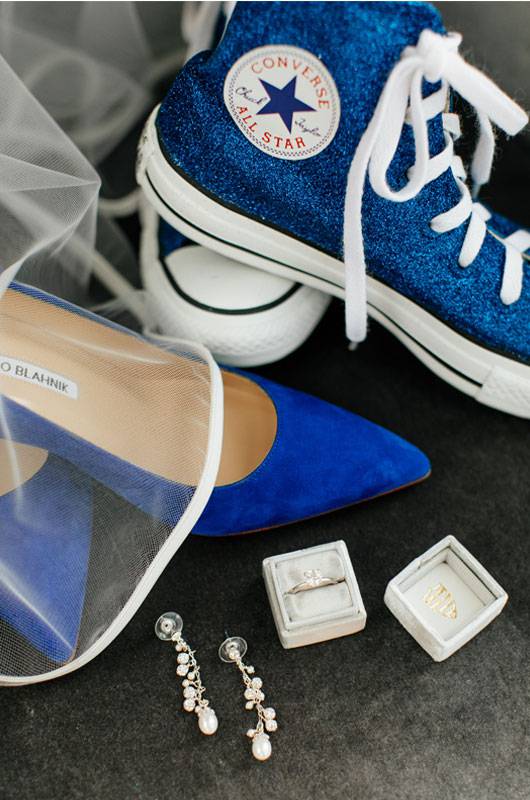 Carrie Henderson And Varun Kannan Bridal Heels And Converse With Rings And Jewelry