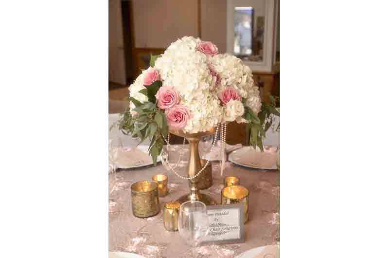 Elegant Chair Solutions white hydrangeas pink centerpiece 